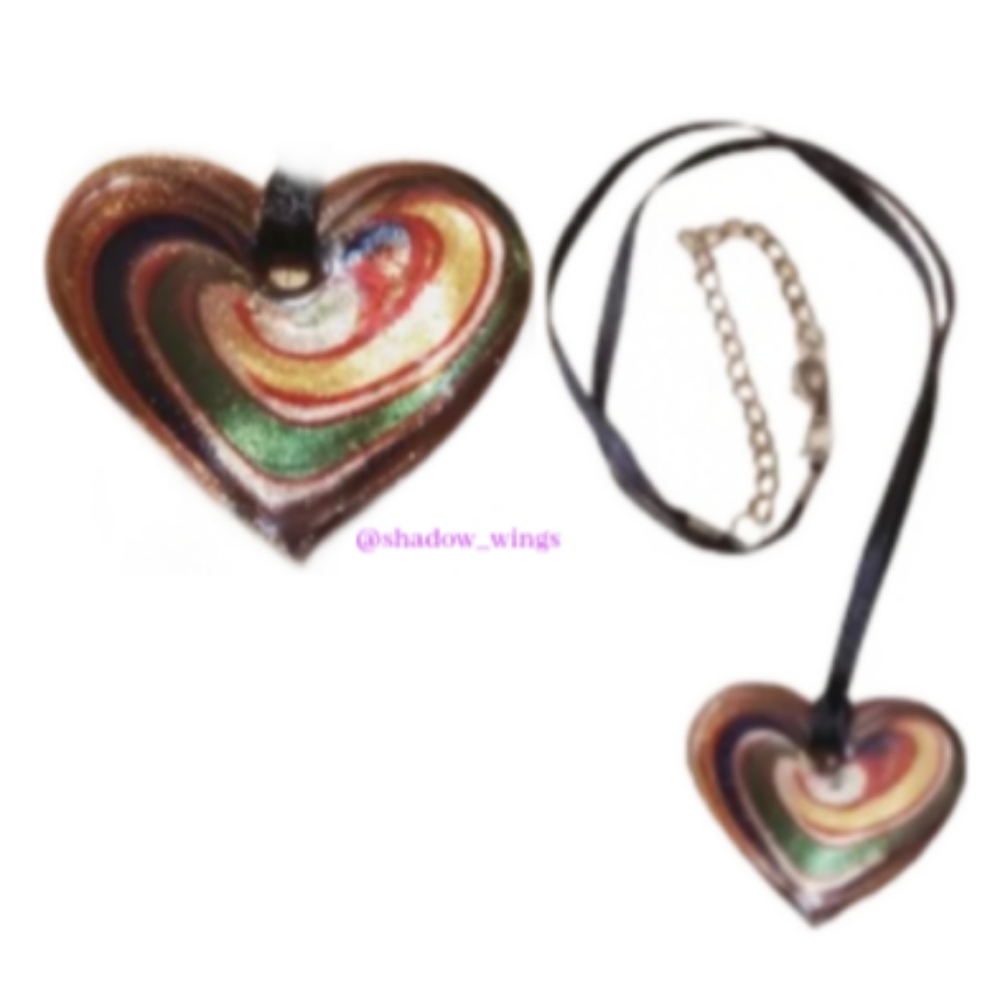 Dichroic Glass Heart Pendant Necklace / Vtg Shimmery Gold Swirl Heart Pendant